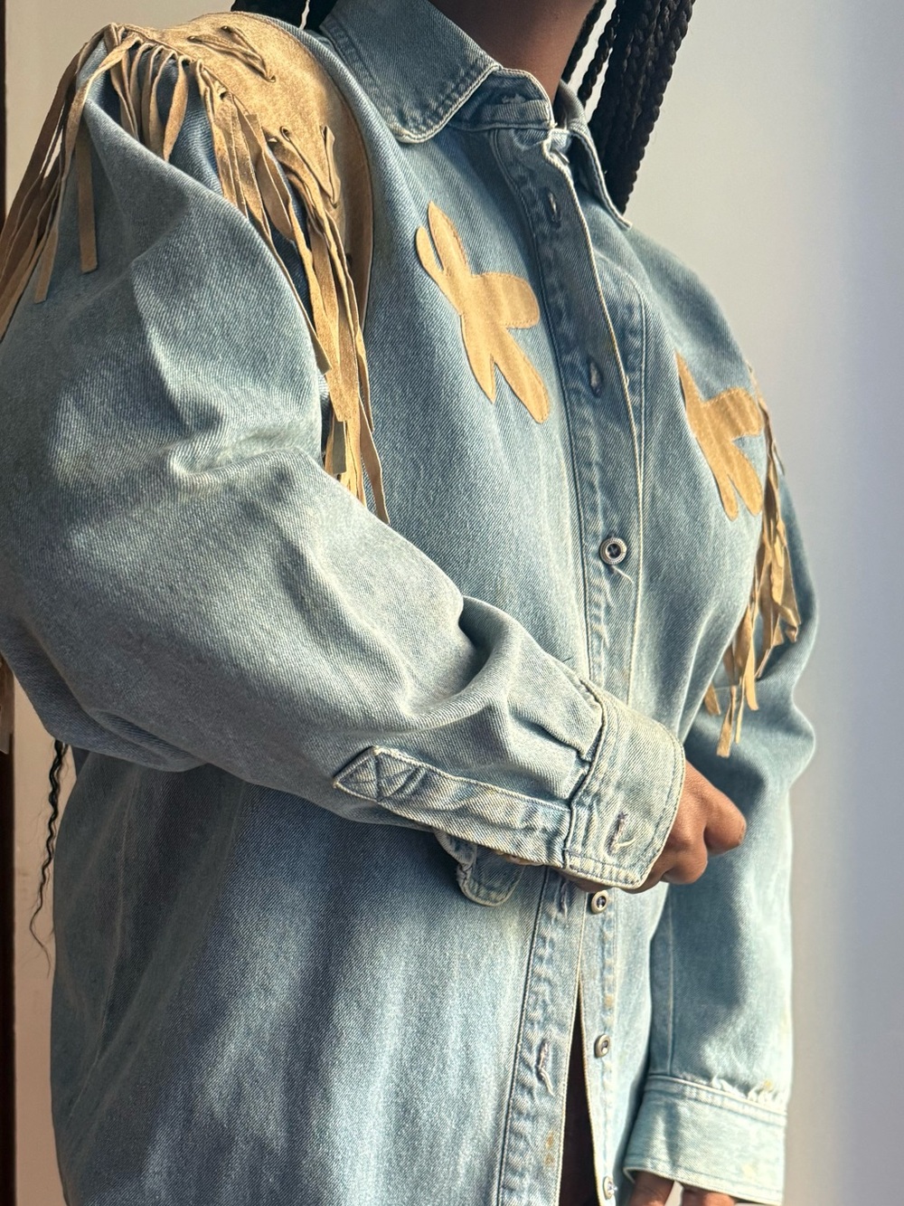 Vintage 1980s Western Fringe Denim Shirt Jacket – Medium